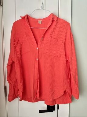 100% Organic Cotton Gauze Button-Down Beachwear (Coral | Small)